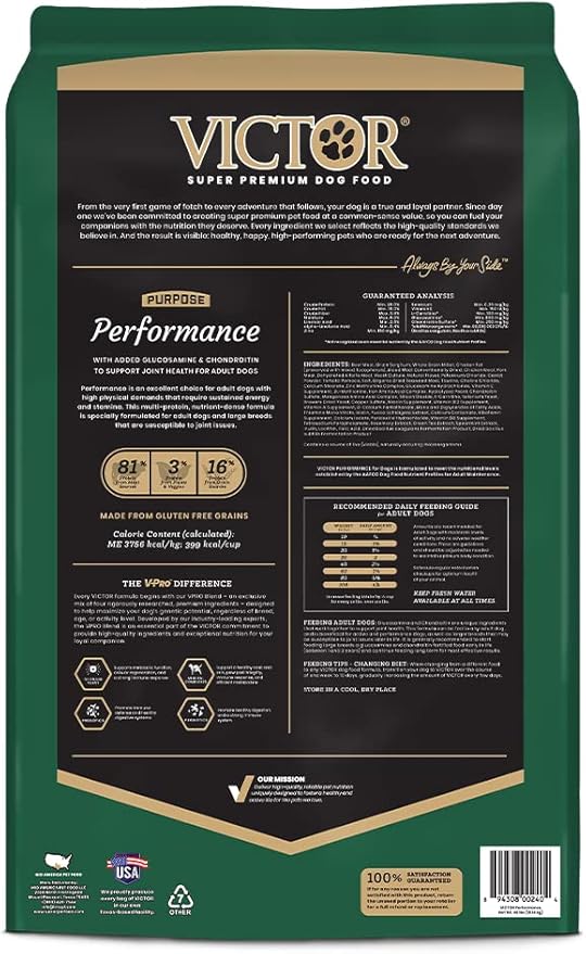 VICTOR Super Premium Dog Food – Performance Dry Dog Food from Beef, Chicken and Pork Meal – 26% Protein for Active Adult Dogs – Includes Glucosamine and Chondroitin for Hip and Joint Health, 40lbs