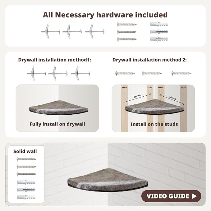 Wall Mounted Corner Cat Bed - Cat Shelf with Comfortable Cushion - Minimalistic Cats Furniture for Indoor Cats - Climbing Perch for Wall, Walnut