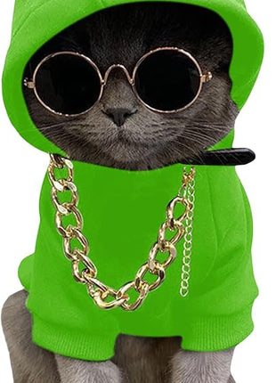 QWINEE 3Pcs Dog Hoodie Cat Apparel Dog Custume Set with Necklace and Sunglasses Pet Clothes for Puppy Small Medium Dogs Cats Green X-Small