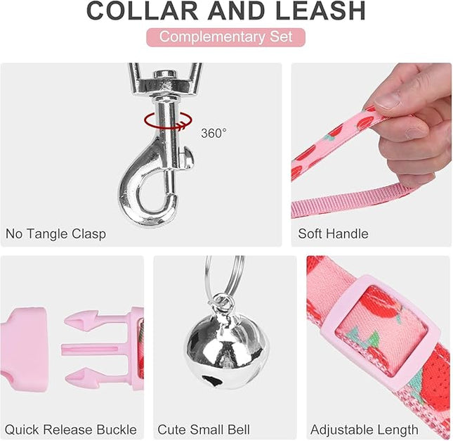 EXPAWLORER Small Dog Harness and Leash Set - Cute Puppy Harness Leash Dog Collar with AirTag Holder Silicone Case, Soft Padded Step in Pet Vest Reflective for Outdoor Walking, Strawberry XXS