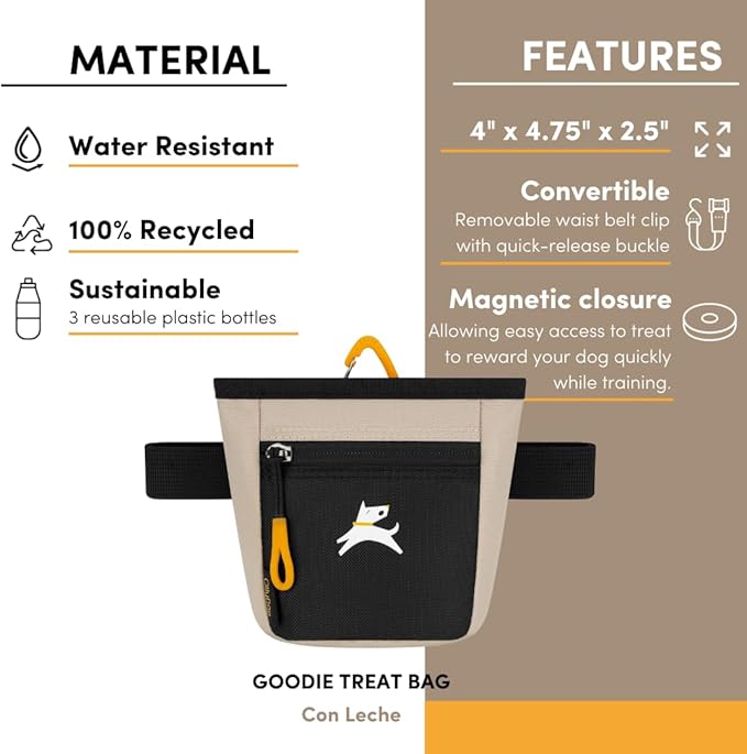OllyDog Goodie Treat Bag, Dog Treat Pouch, Waist Belt Clip for Hands-Free Training, Magnetic Closure, Dog Training and Behavior Aids, Three Ways to Wear (Con Leche)