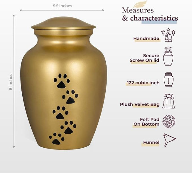 Trupoint Memorials Large Pet Urn for Dogs and Cats Ashes, Paws Print Gold Cremation Urns for Pets up to 122 lbs