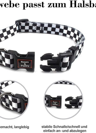 Roses&Poetry Dog Collar with Colourful Checkered Patterns, Adjustable Durable Puppy Collars for Small Medium Large Dogs (Black & White-S)