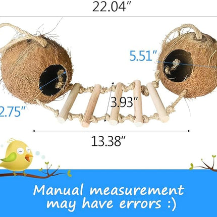 Bird Hides Coconut Nest with Wood Ladder,Syrian Hamster Cage Hanging Natural Coco Shell Hut Hide Toy with Wooden Bridge,Hollow Hideaway Toys for Small Animal Rat Lovebird Finches