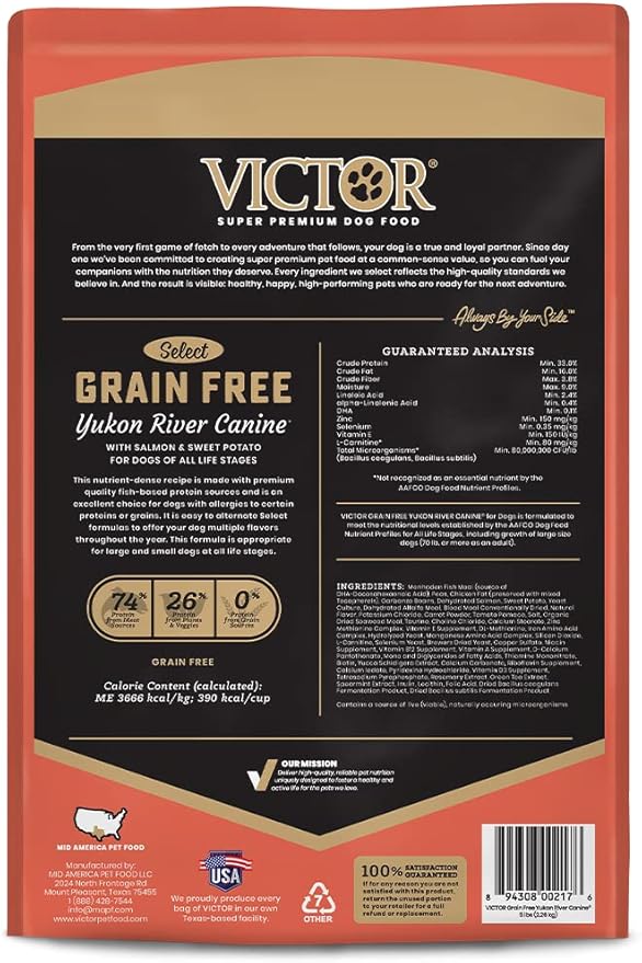 VICTOR Super Premium Dog Food – Grain Free Yukon River Canine – Supports Immune & Digestive Health for Dogs of All Life Stages – High Protein Dry Dog Food for All Normally Active Dogs, 5 lb