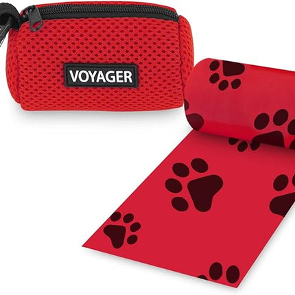Best Pet Supplies Dog Poop Bag Holder Leash Attachment with 15 Bags, Red, Reusable Mesh Dispenser Pouch for Travel, Walking, Park, and Outdoor Use, Soft and Durable with Clip-On
