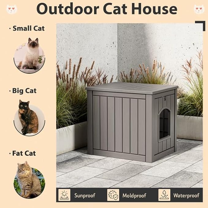 LHBcraft Outdoor Cat House Weatherproof Insulated for Winter Outside, Feral Cat Houses for Outdoor Indoor Cats Shelter, Durable Resin Shelter for Garden, Patio, Easy to Assemble Grey
