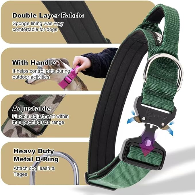 TSPRO Premium Dog Collars Tactical Dog Collar with Handle and Heavy Duty Quick-Release Metal Buckle Durable Thick and Adjustable for Medium to Large Dogs (Khaki M)