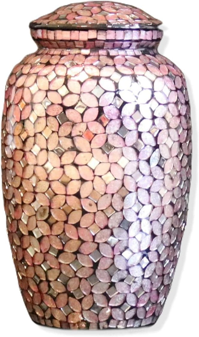 Liliane Memorials Mosaic Glass Cremation Urn - Hand Made Funeral Urn for Human Ashes - Large Adult Size - Pink, Mosaic Pattern - 200 cu in