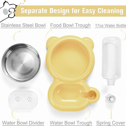 Dog Bowls, Cat Food and Water Bowl Set with Water Dispenser and Stainless Steel Bowl for Cats and Small Dogs - Yellow