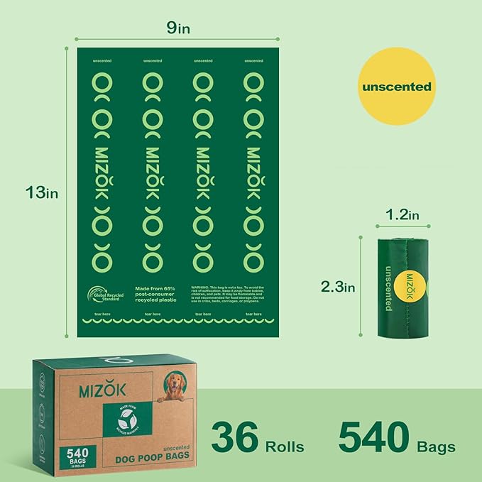 MIZOK Dog Poop Bags Rolls, 540 Count, 65% Recycled Material Poop Bags for Dogs, Leakproof, Extra Thick Durable and Easy Tear-Off, Unscented