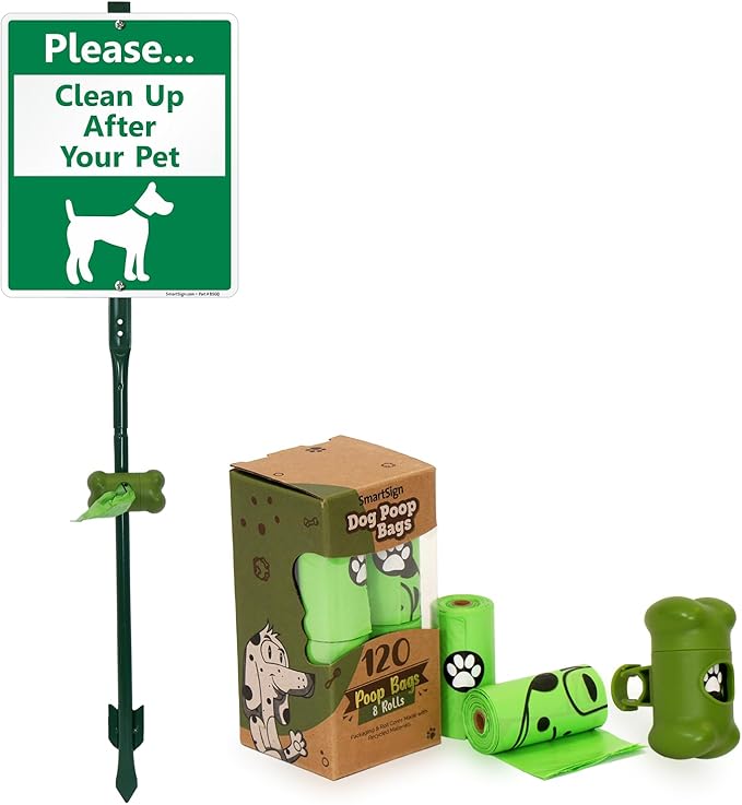 SmartSign Please Clean Up After Your Pet Yard Sign & Clip-On Preloaded Dispenser Combo/Kit with 135 Dog Poop Waste Bags, 10"x12" Rust-proof Aluminum Sign with 3ft Steel Stake