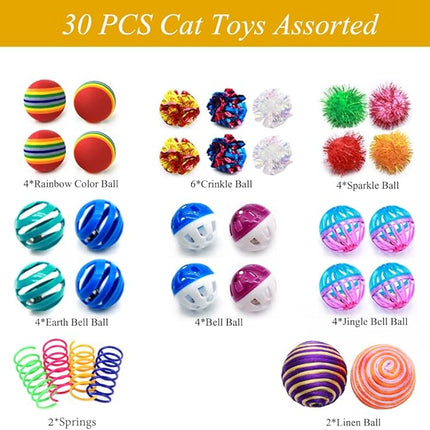 LASOCUHOO Cat Toys Kitten Assortment - Rainbow, Crinkle, Sparkle, Bell & Sisal Balls for All Cats - 30 Packs