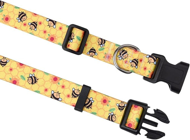 Dog Collar and Leash Set with Bohemia Floral Tribal Geometric Patterns - Soft Ethnic Style Collar Adjustable for Small Medium Large Dogs(Bee Set,S)