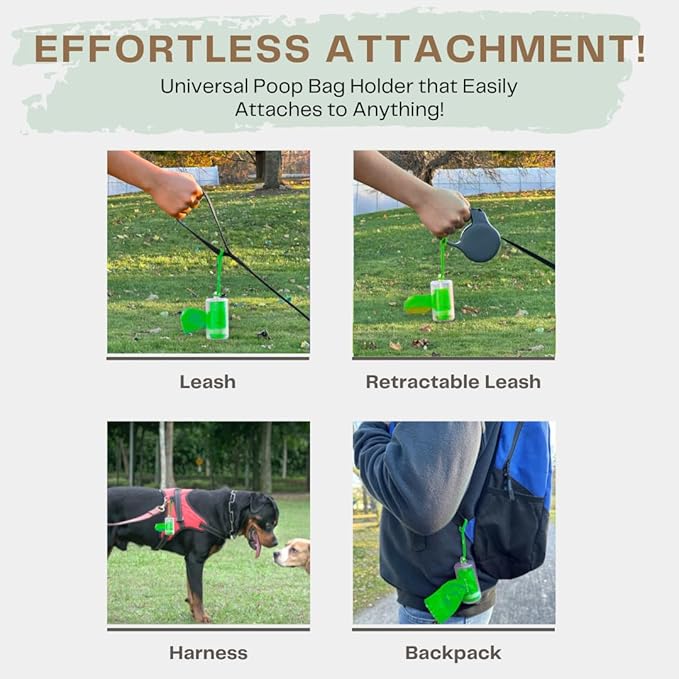 Woof & Barks CLEAR Dog Poop Bag Holder and Dispenser with Leash Attachment, Includes 1 Standard Roll of Green Poop Bags