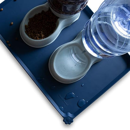 Hoki Found Large Silicone Pet Food Mat - Non Slip Dog, Cat Bowl Mat Tray - Waterproof Feeding Placemat - Indigo Ink