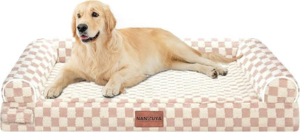 Large Dog Bed Orthopedic Washable: Beds Bolster XL Bed Medium Large Dogs Egg Crate Foam Couch Sofa Waterproof with Removable Cover - Pink Grid