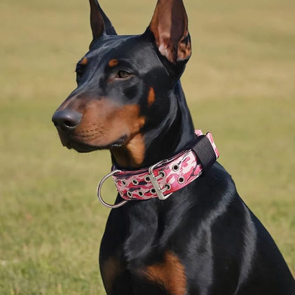 Dog Collar for Large Dogs - 2" Wide Tactical Collars with Handle for Extra Large Breed Dogs, Military Heavy Duty 1/3" Thick Nylon Pet Collar Camo Pink L