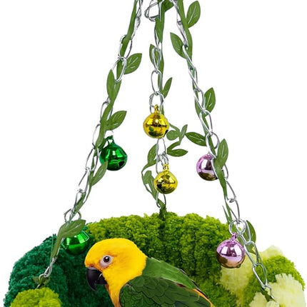 Bird Nest with Bell for Cage,Plush Hanging Bird Bed for Parakeet Indoor & Outdoor,Breeding Bird House for Conure,Budgie,Cockatiel,Lovebird,Canary,Finch,Hamster,Small Pets,Warm Nest,Green L