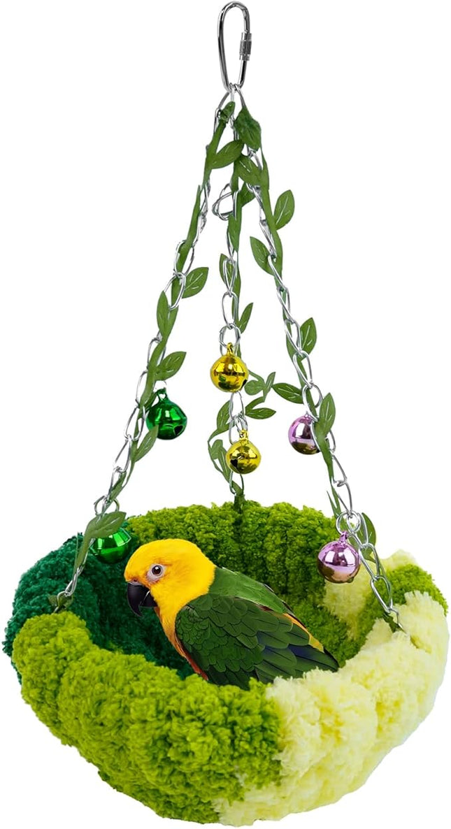 Bird Nest with Bell for Cage,Plush Hanging Bird Bed for Parakeet Indoor & Outdoor,Breeding Bird House for Conure,Budgie,Cockatiel,Lovebird,Canary,Finch,Hamster,Small Pets,Warm Nest,Green S