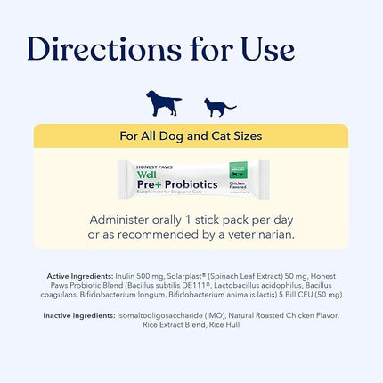 Honest Paws Probiotics for Dogs - Digestive & Immune Support Powder with Prebiotic Made in The USA, Chicken Flavor (30 Sticks)