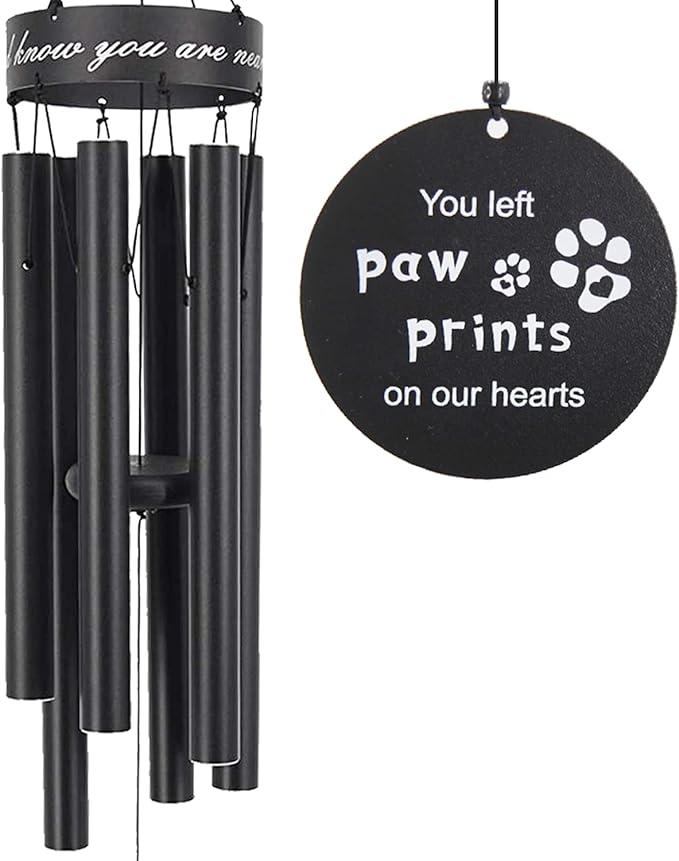 Pet Memorial Wind Chimes, 30 Inches Paw Print Pet Remembrance Gift to Honor and Remember a Dog, Cat, or Other Pet, Premium Metal Wind Chime, Black