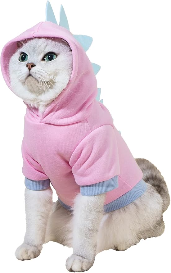 QWEEE Dinosaur Dog Hoodie - Warm Jacket for Puppy, Kitten, Small, Medium Dogs & Cats - Baby Pink, XX-Small