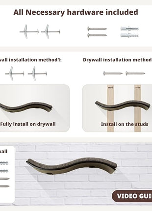 Cat Shelf with Comfortable Cushion - Wave Modern Cat Bed - Minimalistic Floating Wall Perch - Wooden Wall Mounted Cats Furniture for Sleeping, Playing, Climbing, and Lounging, Walnut