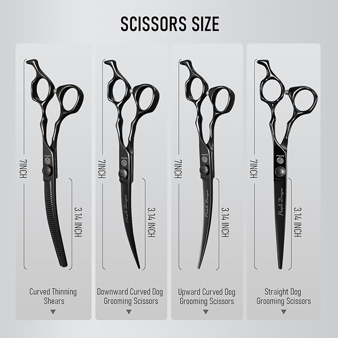 Purple Dragon Dog Grooming Scissors Set - Curved Thinning, Straight, Up & Down Curved Scissors and Comb, 7 Inch Black Shears with Adjustable Screw for Dogs and Cats
