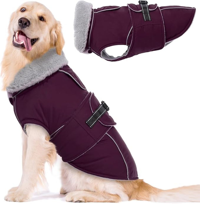 Lelepet Warm Dog Coat Waterproof Dog Jacket for Large Dogs Reflective Fleece Vest with Adjustable Buckle Hook & Loop Windproof Cold Weather Coats for Small Medium Large Dogs, Dark Purple, XL