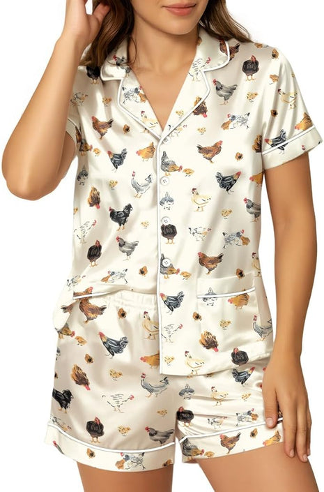 Women’s Silk Satin Pajama Set, Short Sleeve Button Down 2 Piece PJs with Shorts, Cozy Loungewear & Matching Holiday Pajamas
