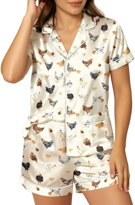 Women’s Silk Satin Pajama Set, Short Sleeve Button Down 2 Piece PJs with Shorts, Cozy Loungewear & Matching Holiday Pajamas