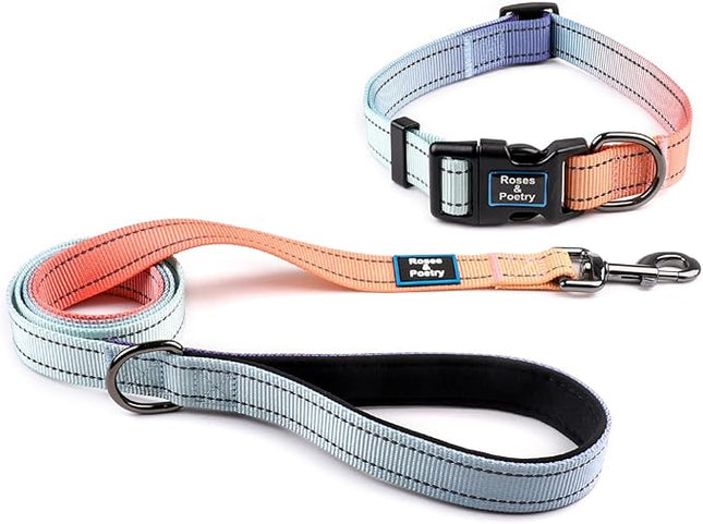 Roses&Poetry Dog Collar and Leash Set for Large Dogs, Reflective Dog Collars and Leades with Gradient Azure, Buckle Adjustable Durable Pet Collars Leash for Medium Large Dogs （Azure-L