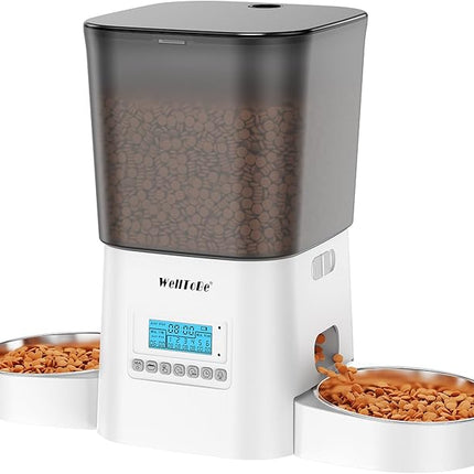 Automatic Cat Feeder, WellToBe 3.5L Timed Dry Food Dispenser for 2 Cats, Dual Power Supply (AC/Battery Backup) with 10-Second Voice Recorder, Programmable Pet Feeder for Multiple Cats