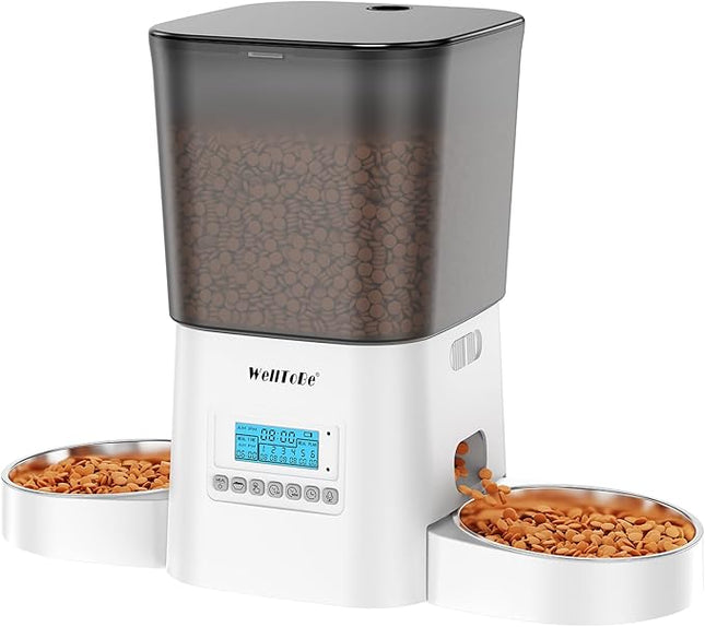 Automatic Cat Feeder, WellToBe 3.5L Timed Dry Food Dispenser for 2 Cats, Dual Power Supply (AC/Battery Backup) with 10-Second Voice Recorder, Programmable Pet Feeder for Multiple Cats