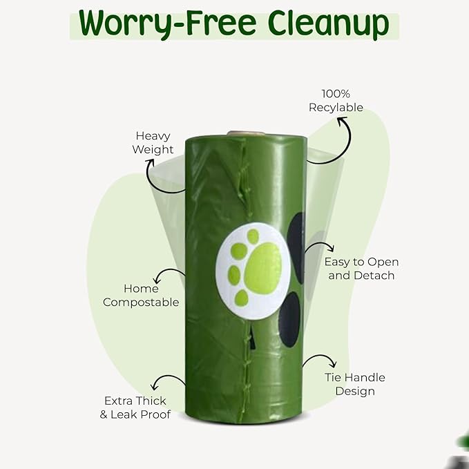 PAWLINE Dog Poop Bags Rolls - Leak-Resistant Doggy Waste Bag - Poop Bag for Dogs Compostable - Easy-Tear Rolls Unscented Green Dog Trash Bag for Poops - Extra Thick Pet Waste Roll