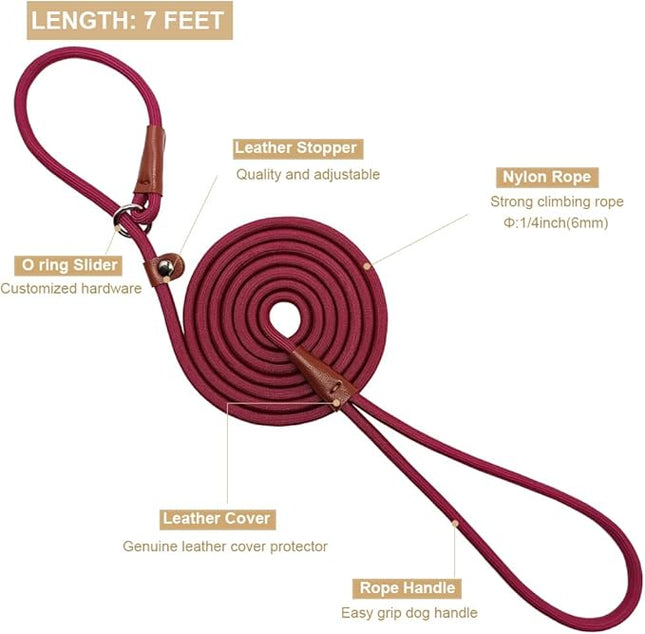 BTINESFUL 7FT Slip Lead Dog Leash, Strong Nylon Rope Leash, 1/4 inch Diam Dog Training Lead for Small Medium Large Dogs, Wine red