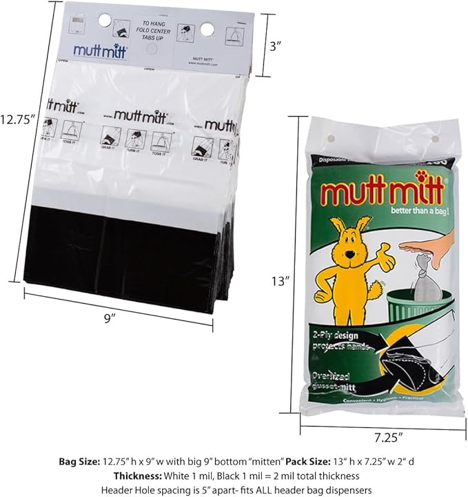 Mutt Mitt® New Listing, Same 100 White & Black 2-Ply Dog Waste Bags on 1 Dog Waste Bag Station Header - 300% Thicker than mini roll dog waste bags - no more warm & yuck feeling