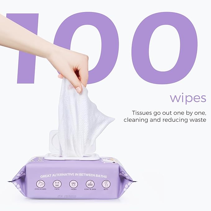 Dog Wipes, 100 Count Pet Grooming Wipes, Conditioning Shine Coat, Cleaning and Deodorizing, Pet Wipes for Dogs & Cats, for Sensitive Skin (Lavender)