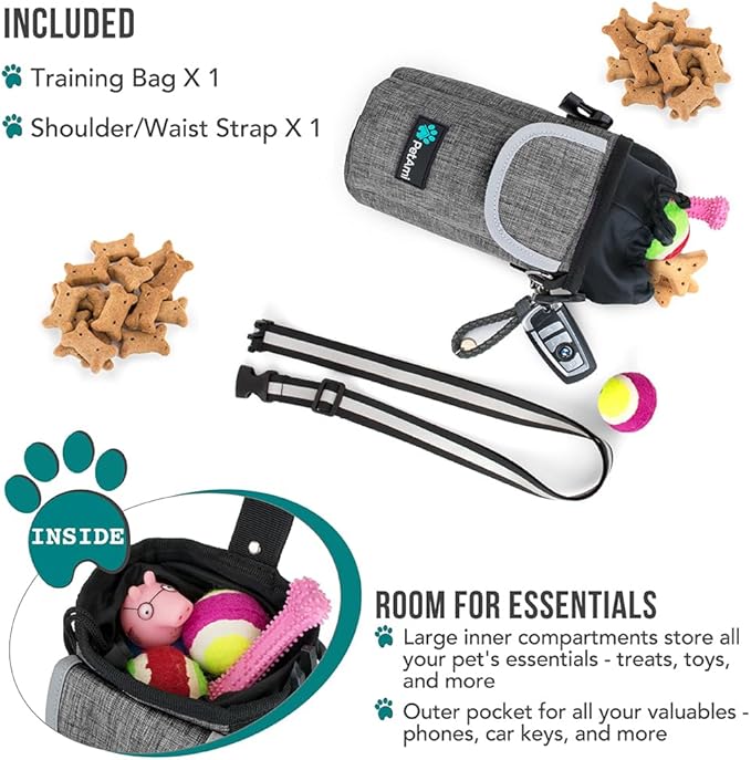 PetAmi Dog Treat Pouch, Large Pet Training Treat Pouch with Pocket, Dog Trainer Essentials Supply Holder with Poop Bag Dispenser, Training Bag for Kibbles Toys, 3 Ways to Wear (Gray)