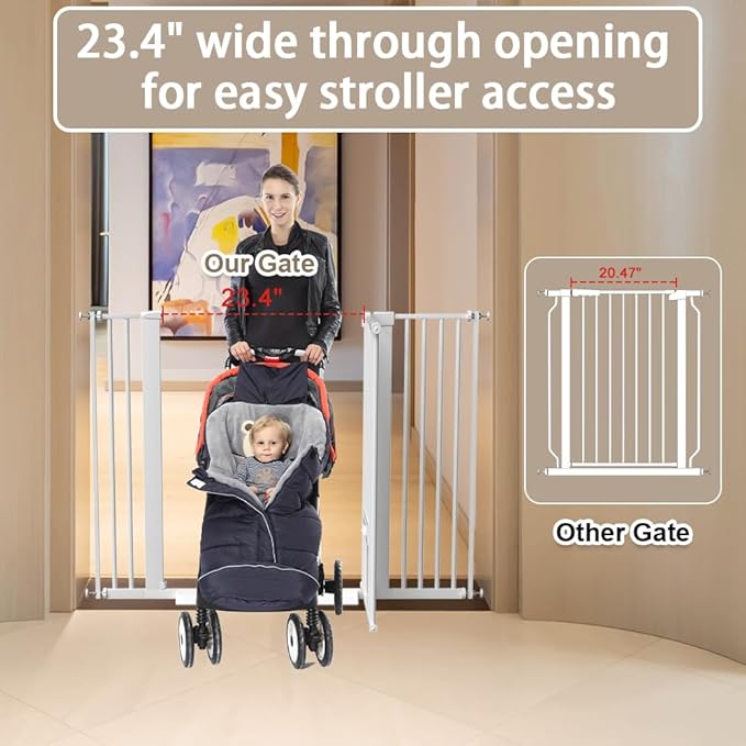 40.55" Tall 1.37" Ultra Narrow Spacing 30.12-61.61" Extra Wide Dogs Pets Baby Gate with Door for Doorway Cat Safety Proof Indoor Puppy Pressure Mounted No Drill White Black Metal Hallway