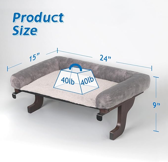 Zakkart Cat Perch for Window Sill with Bolster - Orthopedic Hammock Design with Premium Hardwood & Robust Metal Frame - Cat Window Seat for Large Cats and Kittens - Dark Stained Wood with Gray Bed