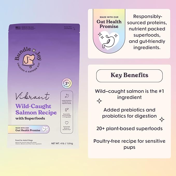 Vibrant Salmon Probiotic Dog Food Dry, 4lb Bag, Allergy and Gut-Friendly Adult Kibble for Digestive Health with Wild-Caught Salmon, 20 Plant Based Superfoods, Beef and Poultry Free