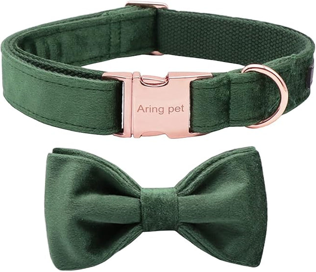 ARING PET Christmas Dog Collars with Bowtie, Cute Xmas Green Velvet Pet Bow Tie Collar with Metal Buckle for Puppy Small Medium Large Boy Girl Dogs-S