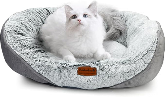 Dog Beds for Small Dogs - Round Cat Beds for Indoor Cats, Washable Pet Bed for Puppy and Kitten with Slip-Resistant Bottom (Light Grey, 20.0" L x 19.0" W x 6.0" Th)