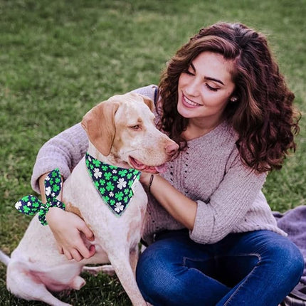 E-Clover Dog Bandana Boy & Matching Scrunchie Set Shamrock Lucky Dog Bandanas Scarf with Bow Hair Ties for Small Puppy Dogs Pet Owner Mom Green Blue
