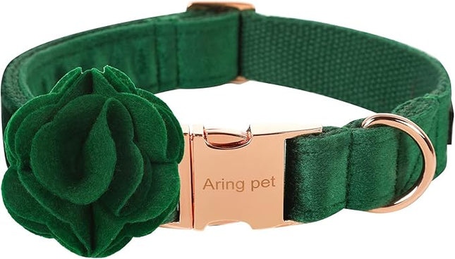 ARING PET Velvet Dog Collars, Dark Green Soft Pet Collar with Detachable Felt Flower Metal Buckle for Puppy Small Medium Large Boy Girl Dogs-XS