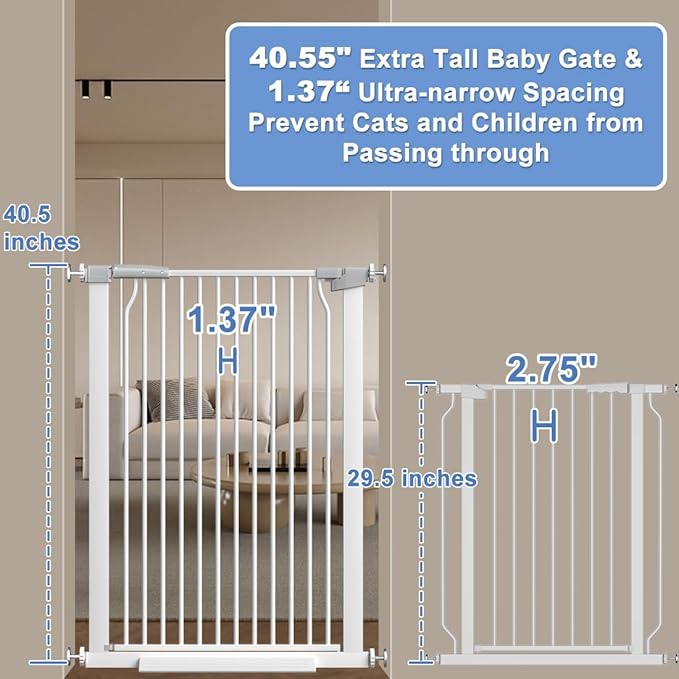 40.55" Extra Tall Baby Gate for Stairs-40.6"-54.7" Wide 1.37" Ultra Narrow Spacing Extra Wide Pet Cat Gate Dog Gate-Auto-Close Pressure Mounted Dog Door for Pets and Kids,White