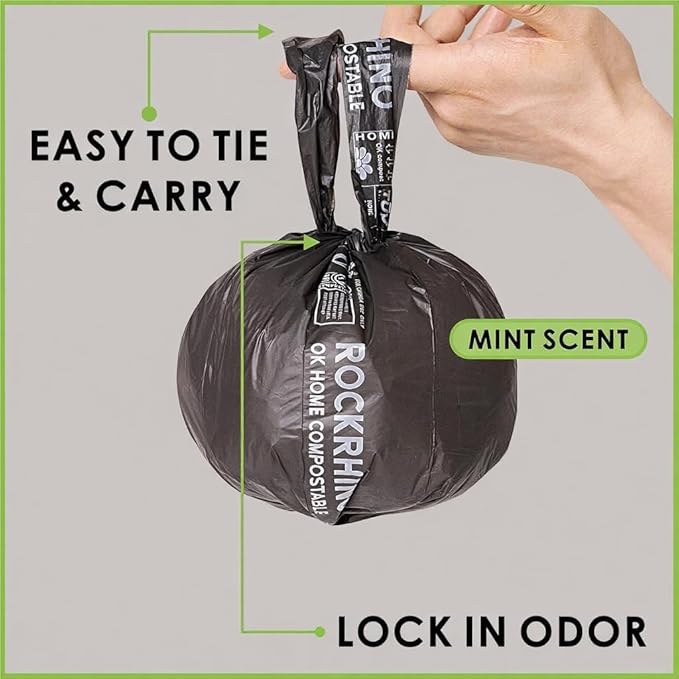 Ultra Thick RockRhino Dog Poop Bags - ECO Heavy Duty, Multi-Layer Bottom, 0% Plastic, 100% Home Compostable, Mint-Scented, Easy Open Tie Handles, Glove-Like Fit - 216 Bags