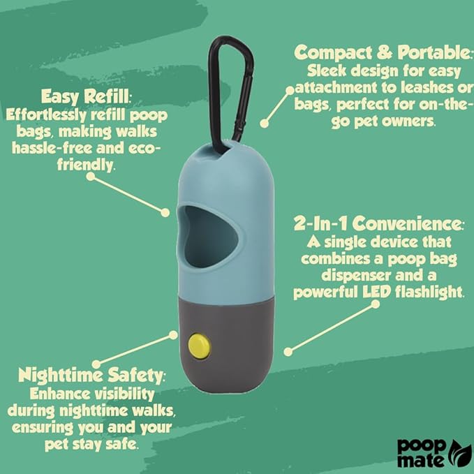 Dog Poop Bag Holder with Flashlight - Waste Bag Dispenser for Night Walks - Durable, Portable with Leash Clip & Carabiner - Includes 15 Dog Poop Bags - Gray